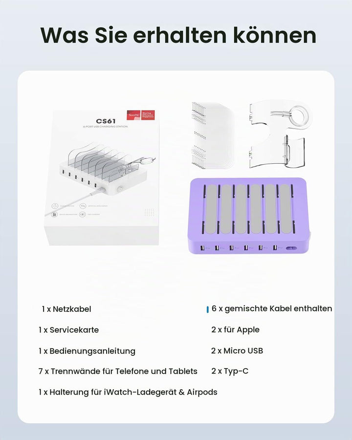 SooPii USB-Ladestation Organizer für mehrere Geräte, 6 Ports 50W Ladestation mit 6 Kabeln und aktual