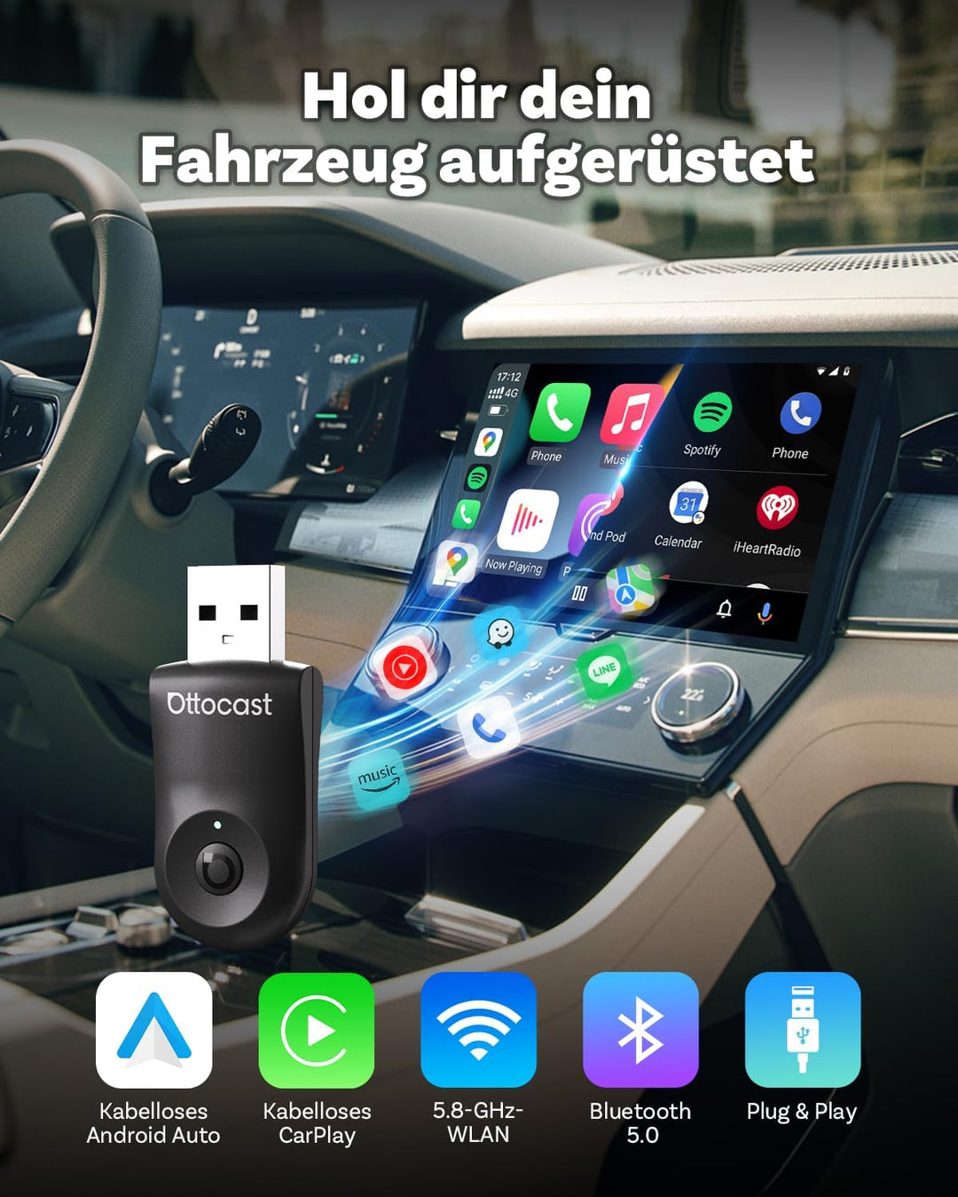 2025 Verbesserter 2-in-1 Wireless CarPlay & Android Auto Adapter, OTTOCAST MINI Kabelloser CarPlay A