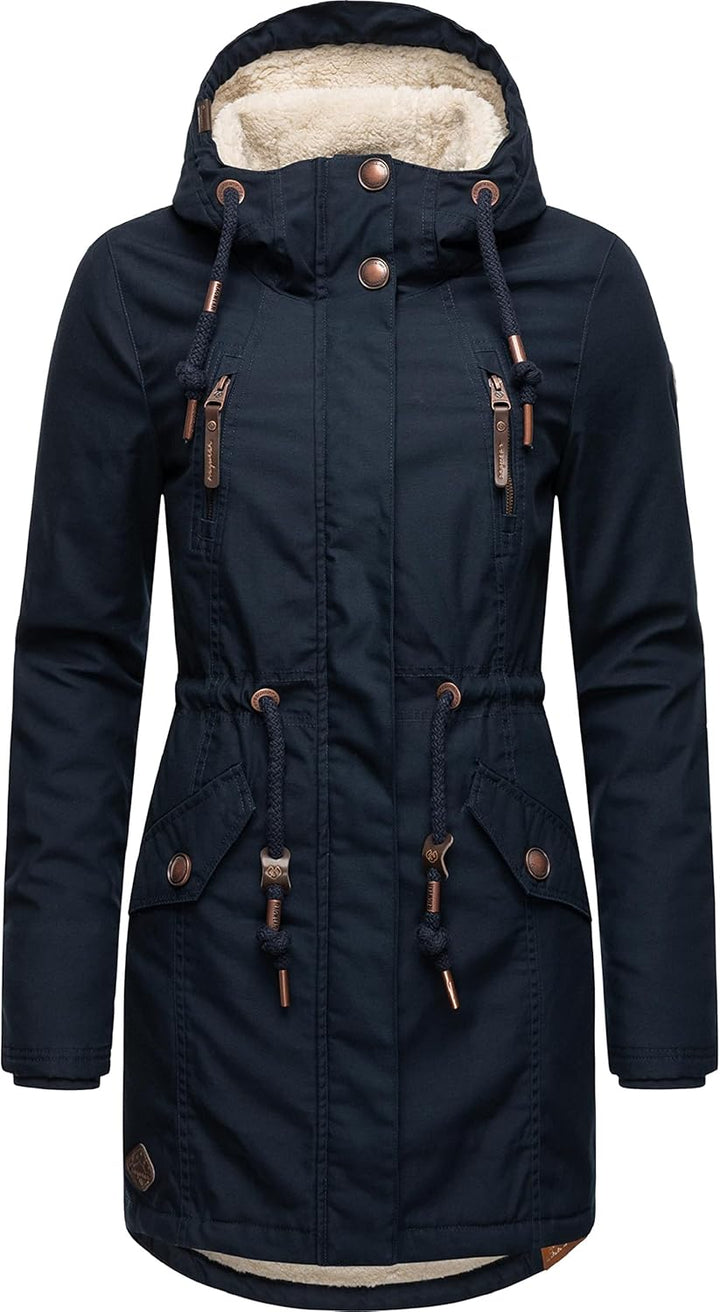 Ragwear Damen Mantel lange warme Winterjacke mit Teddyfell-Kapuze Elsie Intl XS-6XL L Navy22, L Navy