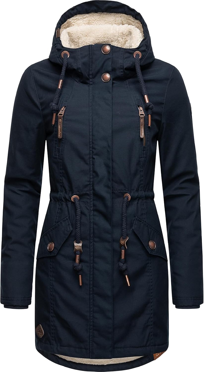 Ragwear Damen Mantel lange warme Winterjacke mit Teddyfell-Kapuze Elsie Intl XS-6XL L Navy22, L Navy