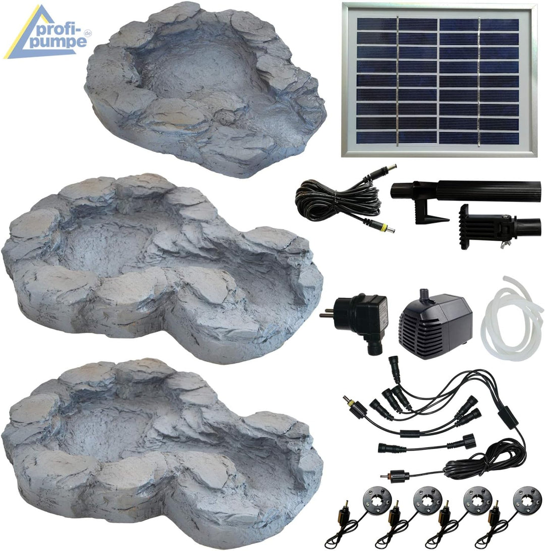 AMUR Solar GARTENBRUNNEN Bachlauf QUELLBACH II mit LED-Licht/Hybrid-System, 230V ZIERBRUNNEN VOGELBA
