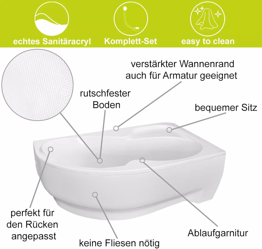 ECOLAM® Badewanne WELA 170x100 cm LINKS Schürze | Wanne mit Antirutsch Beschichtung I Eckwanne Eckba