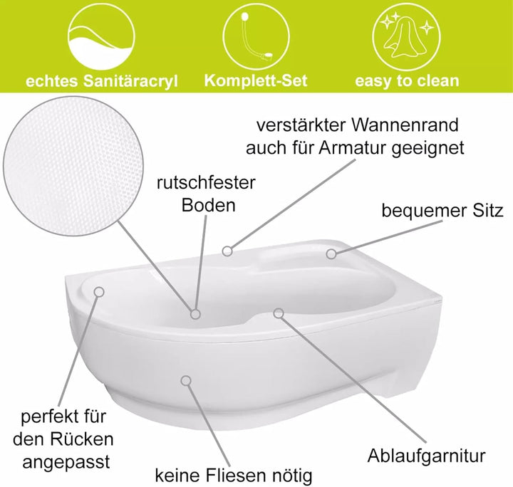 ECOLAM® Badewanne WELA 170x100 cm LINKS Schürze | Wanne mit Antirutsch Beschichtung I Eckwanne Eckba