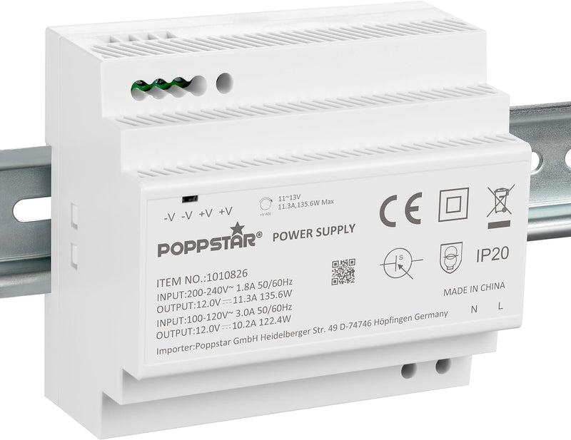 Poppstar 12V Trafo Hutschiene 11,3 A max. 135W (Input 100-240 V AC 50/60 Hz) Hutschienen-Netzteil 12