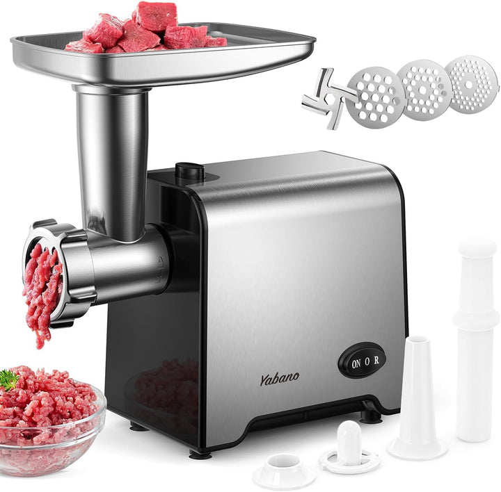 Yabano Fleischwolf Elektrisch, Wurstaufsatz, 3 Edelstahl Loch-Scheiben (3, 5, 7mm), Stopfer, Kebbe-A