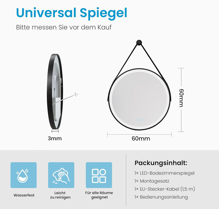 Heilmetz LED Badspiegel Rund 60cm, Spiegel mit Beleuchtung, 3 Lichtfarbe, Dimmbar, Touch-Schalter, B