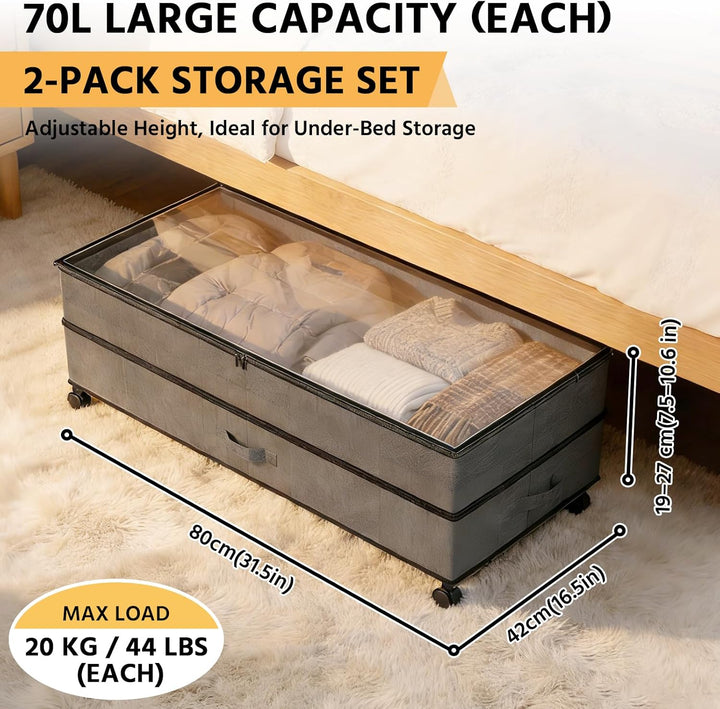 JAOGAUS Unterbett-Aufbewahrungsboxen auf Rollen, 2er-Set 75L Unterbett-Organizer mit Deckel, Höhenve