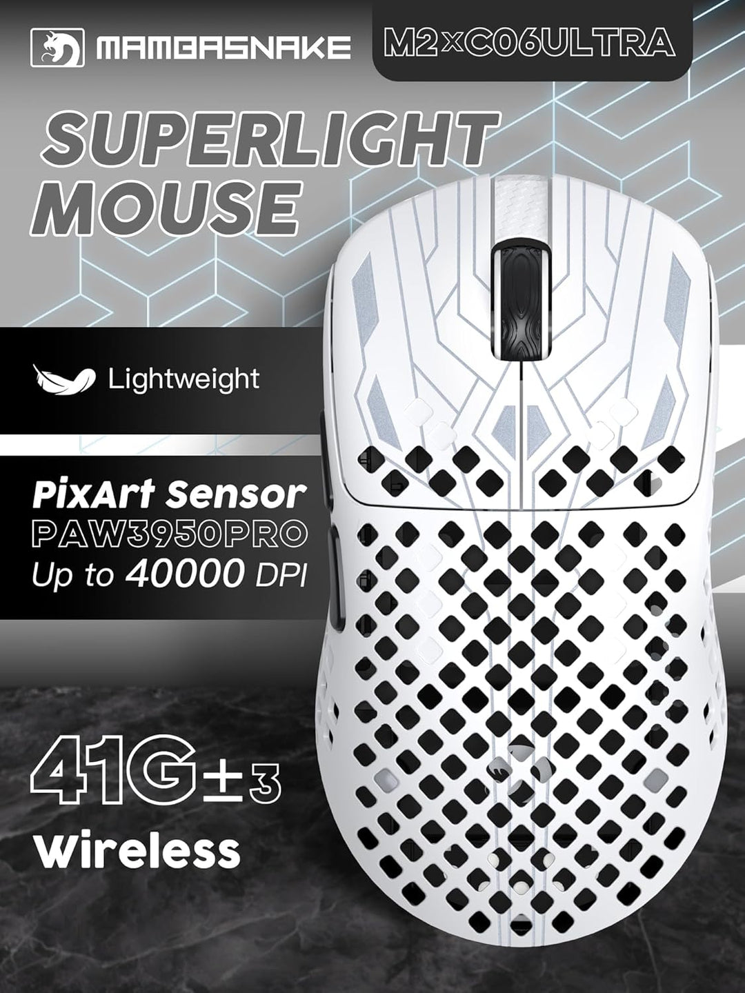 MAMBASNAKE M2 Ultra-Lightweight Wireless Gaming Mouse, PAW3395PRO Sensor 40000 DPI, 41g Carbon Fiber