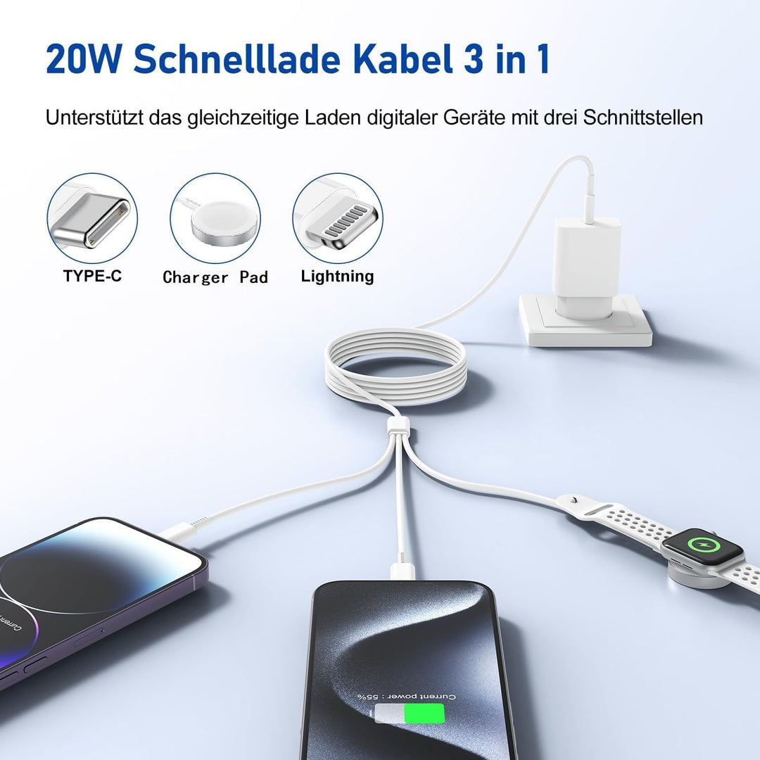 3-in-1 Ladekabel für Apple Watch und iPhone, 2M USB C iWatch Ladegerät mit Kabel, 20w Schnellladeger