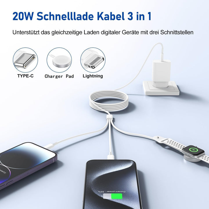 3-in-1 Ladekabel für Apple Watch und iPhone, 2M USB C iWatch Ladegerät mit Kabel, 20w Schnellladeger