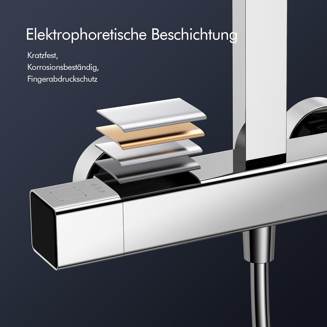 HOMELODY Duschsystem mit Thermostat & Duschablage Chrom - Duscharmatur Komplettset mit Handbrause &