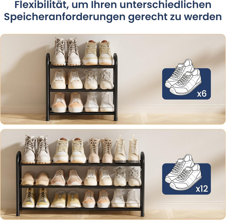 ENJOYBASICS Expandable Schuhregal, 3 Ebenen Adjustable Metall Schuhaufbewahrung 45 to 83cm, Schwarz