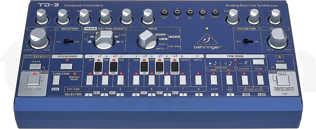 Behringer TD-3-BU Analoger Bass-Line-Synthesizer mit VCO, VCF, 16-Stufen-Sequenzer, Distortion-Effek
