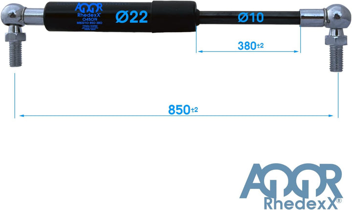 RhedexX® Gasdruckfeder Kugelkopf 850mm/380mm/100N-1.250N - M8 Gewinde Gasfeder Gasdruckdämpfer Kugel