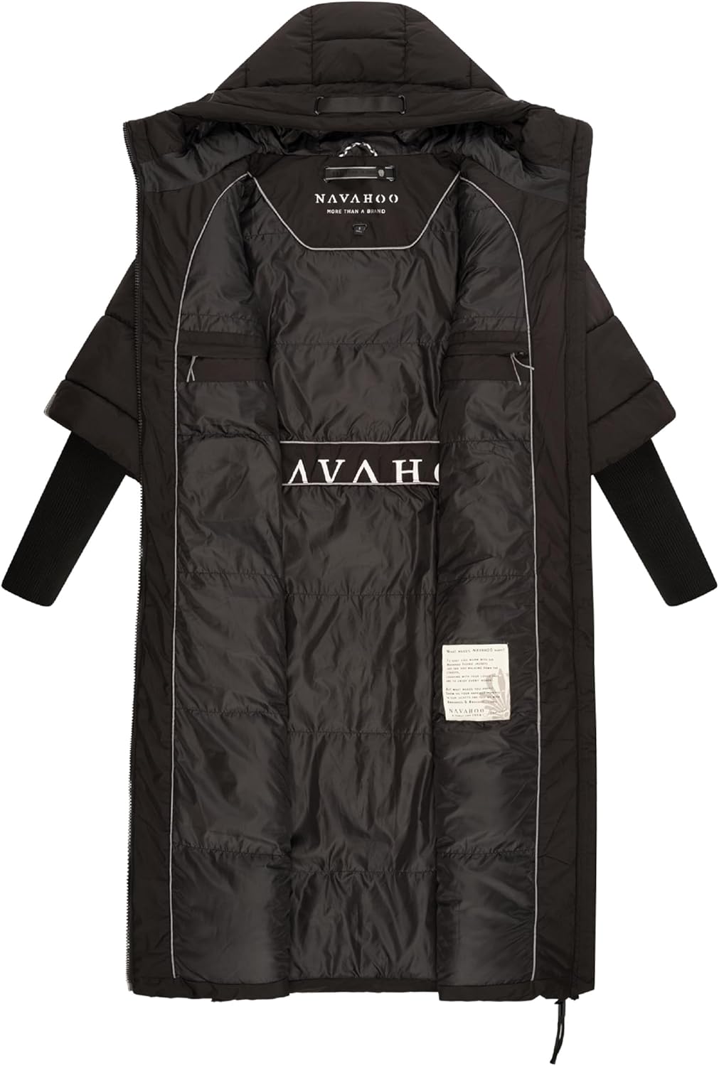 Navahoo Damen Wintermantel warmer Steppmantel lang mit Kapuze und Rippstrickärmeln Ciao Miau XIV XS-