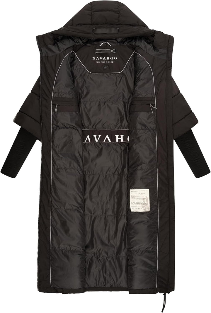 Navahoo Damen Wintermantel warmer Steppmantel lang mit Kapuze und Rippstrickärmeln Ciao Miau XIV XS-