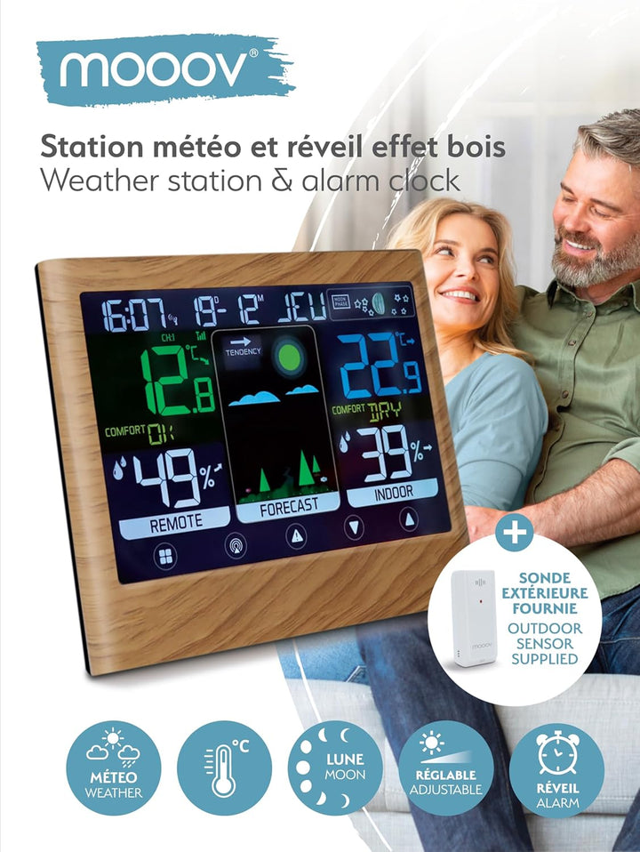 mooov 477534 Wetterstation für den Innenbereich mit Aussensensor – Temperatur, Luftfeuchtigkeit, Mon