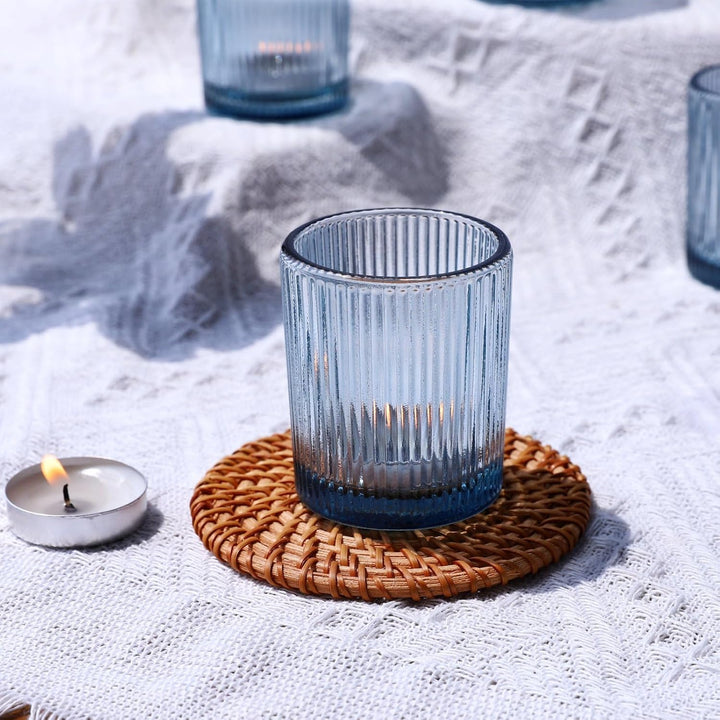 Vohocandle Blaue Teelichthalter12er-Set, Gerippter Teelichtgläser-Kerzenhalter für die Tischdekorati