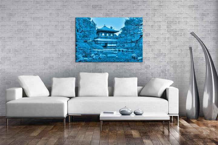 deyoli asiatisches Landhaus Format 100x70 Effekt: Monocrome Blau als Leinwandbild, Motiv fertig gera