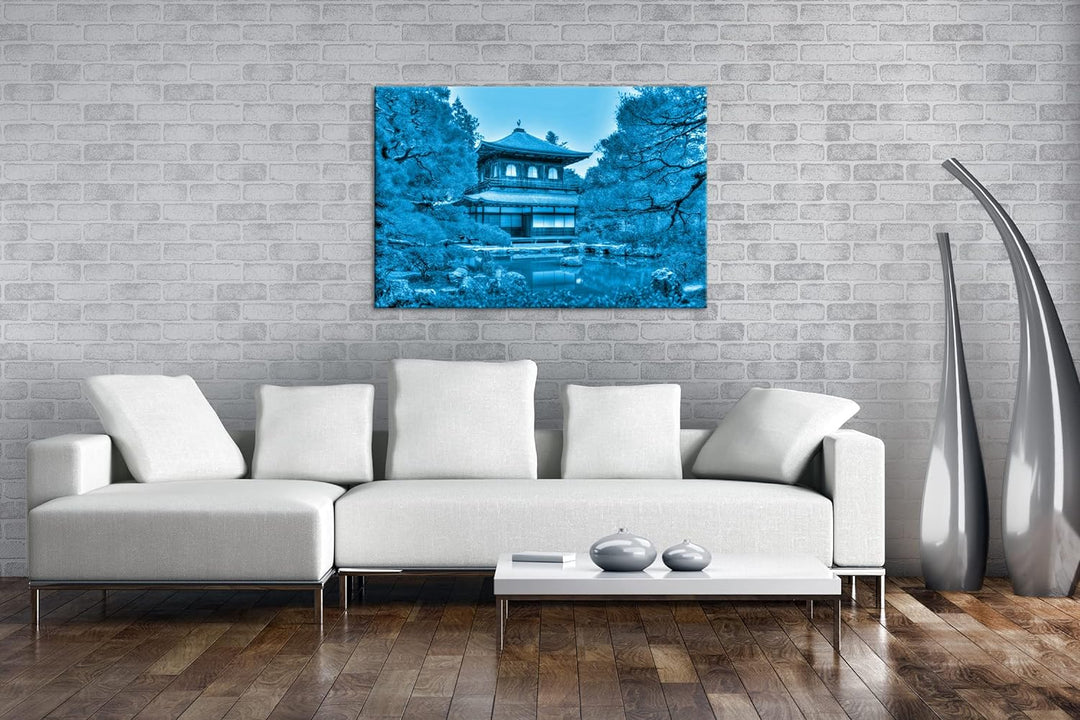 deyoli asiatisches Landhaus Format 80x60 Effekt: Monocrome Blau als Leinwandbild, Motiv fertig gerah