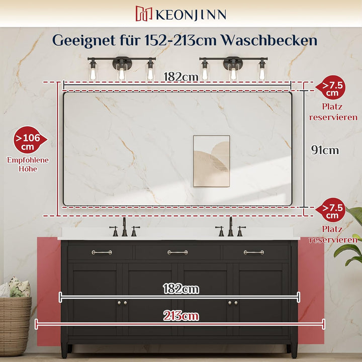 Keonjinn Wand Spiegel Nickel 182x90cm, Badezimmerspiegel Badspiegel mit Metallrahmen, Gehärtetes Gla