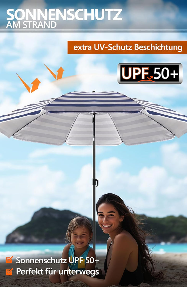 4smile Sonnenschirm Strand SunnyJoy Ø 180 cm, 3-IN-1 Set - UPF 50+ Strandschirm + Sonnenschirm Schut