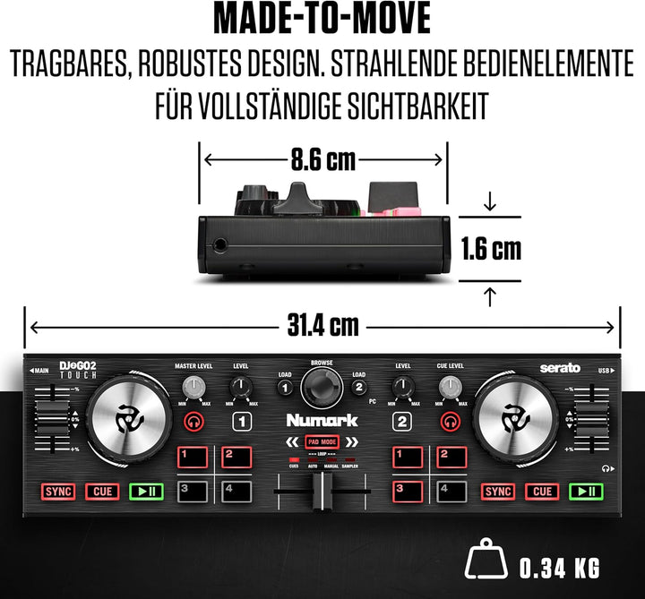 Numark DJ2GO2 Touch – Mini DJ Controller für unterwegs - 2-Deck USB DJ Pult mit Audio Interface und