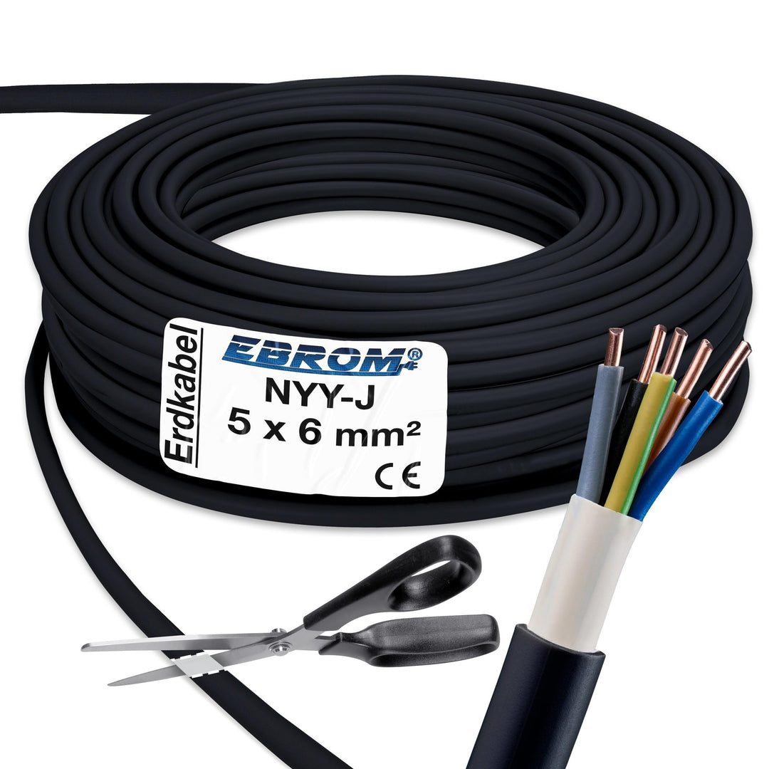 EBROM Erdkabel NYY-J 5x6 mm² Starkstromkabel Erdleitung schwarz - 122 m | 5m bis 150 m, Elektrokabel