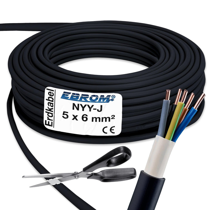 EBROM Erdkabel NYY-J 5x6 mm² Starkstromkabel Erdleitung schwarz - 122 m | 5m bis 150 m, Elektrokabel