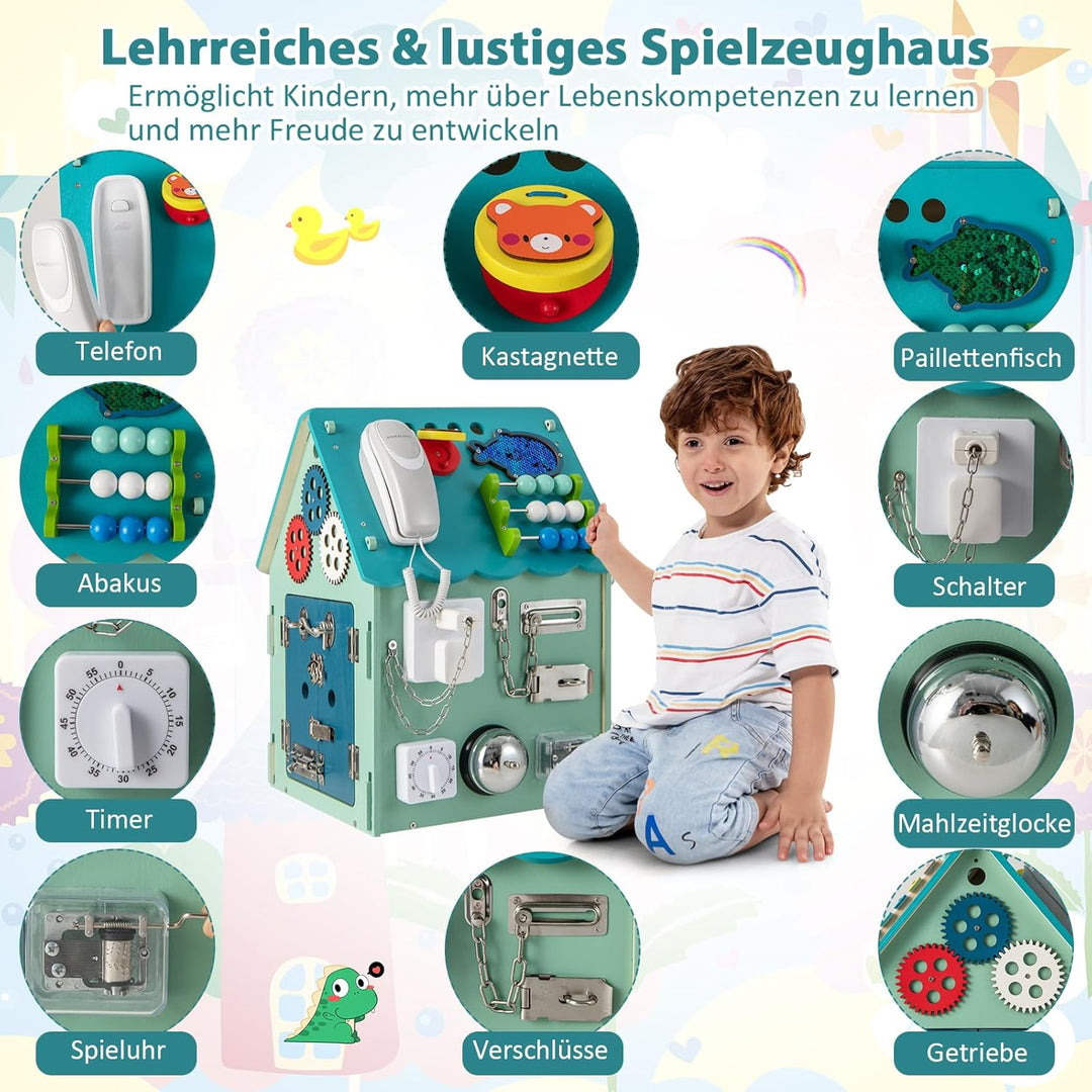 COSTWAY Kinder Spielhaus aus Holz, pädagogisches Spielzeughaus mit Sinnesspielen und Stauraum, senso