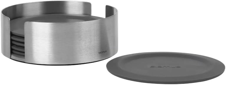 blomus -LARETO- Set aus 6 Silikon-Untersetzern, dunkler Grauton, inkl. Edelstahlhalter, Farbe Magnet