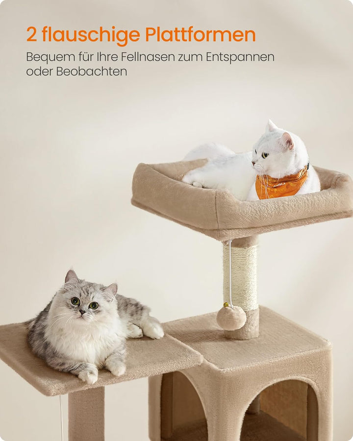 Feandrea Kratzbaum, 143 cm hoch, Katzenbaum, mehrstöckiges Katzenhaus, mit 4 Kratzsäulen, 2 Plattfor