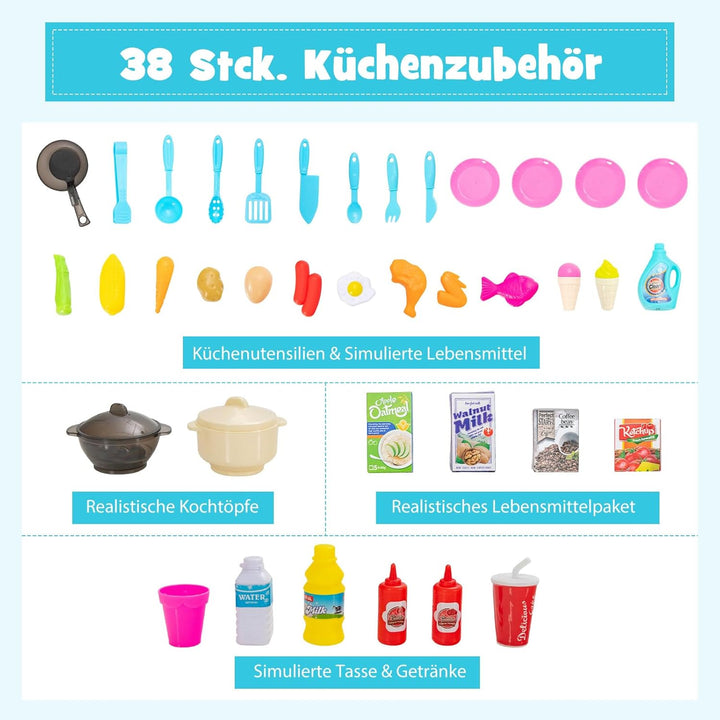 DREAMADE Kinderküche mit 38 TLG. Zubehör, Kinderspielküche mit Spülbecken Wasserhahn Herd Öfen, Spie