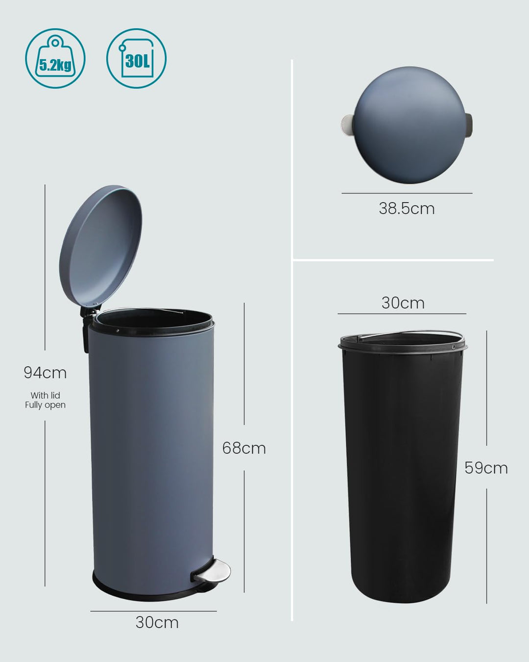 Mülleimer 30 L Treteimer mit Softclose-Deckel, Abfalleimer 30 Liter mit Fusspedal, Rund Mülleimer mi