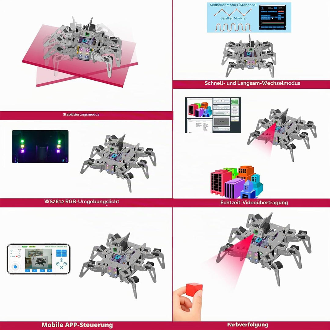 Adeept RaspClaws Hexapod Spider Robot Kit für Raspberry Pi 4/3 Modell B+/B, STEAM Crawling Robot, Op