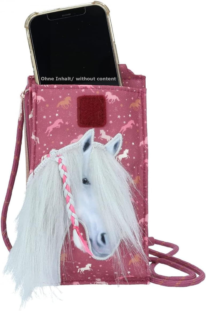 Depesche 11987 Miss Melody Wild Horses - Handytasche zum Umhängen in Bordeaux mit Pferde-Motiv und -