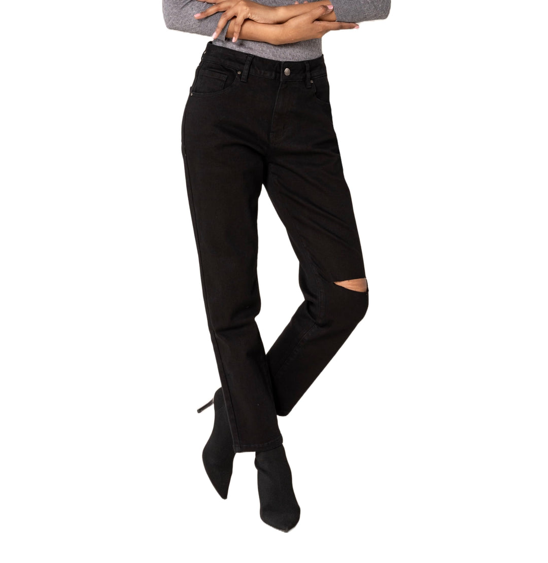 Nina Carter Damen Boyfriend Jeanshosen High Waist MOM Jeans Cutted Knee Used-Look Waschungseffekt XS