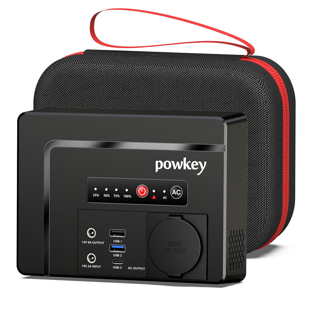 Powkey Tragbare Powerstation 26400mAh/97.68Wh Powerbank Steckdose mit 100W/230V AC Ausgang, 12V 8A D