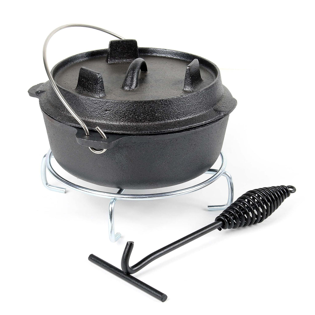 Dutch Oven 3l mit Untersetzer und Deckelheber, Kochtopf aus Gusseisen für Lagerfeuer und Camping