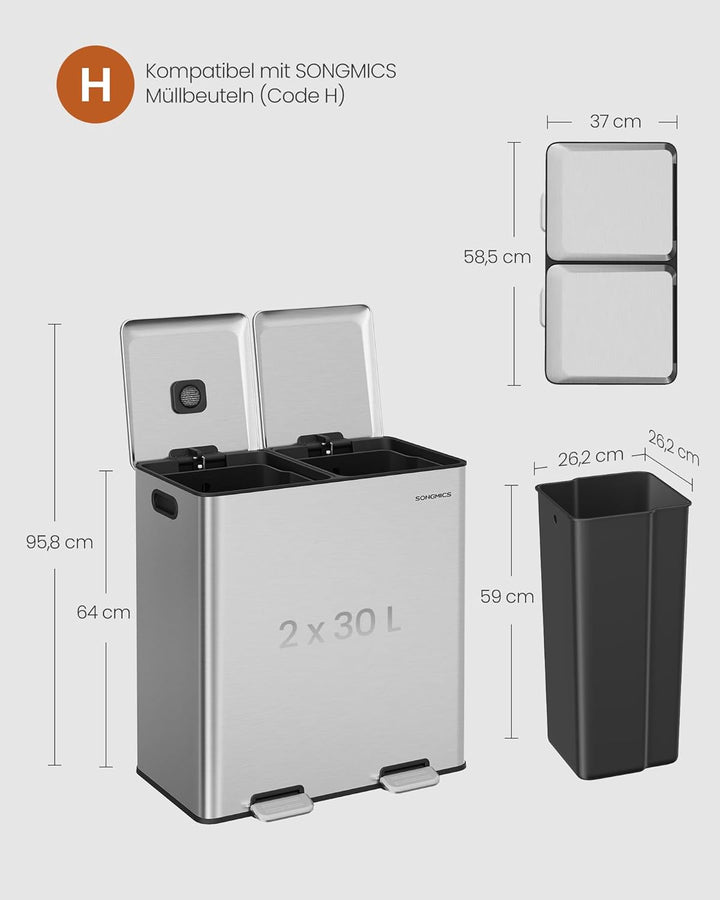 SONGMICS Mülleimer Küche, 2 x 30 L, 2 Fächer, Mülltrennsystem, Softclose, herausnehmbare Inneneimer,