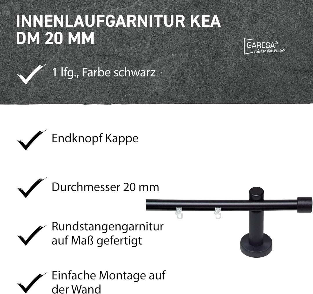 Garesa Gardinenstange Kea Ø 20mm, 1-läufig, Schwarz I Aluminium Vorhangstange inkl. Gleiter I Endkno