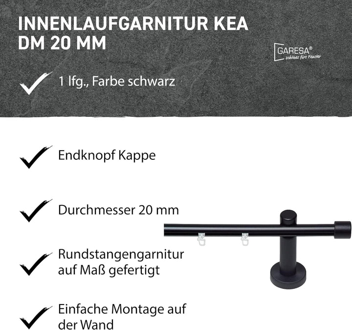 Garesa Gardinenstange Kea Ø 20mm, 1-läufig, Schwarz I Aluminium Vorhangstange inkl. Gleiter I Endkno