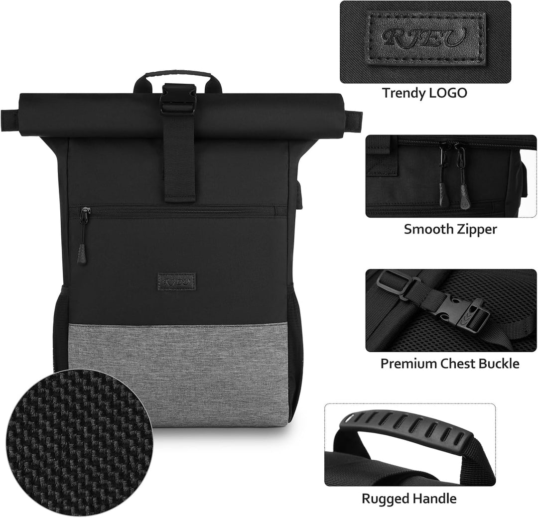 RJEU Rolltop Rucksack Herren Damen,17,3 Zoll Laptop Rucksack Männer für Uni,Business,Fahrrad,Reise,S