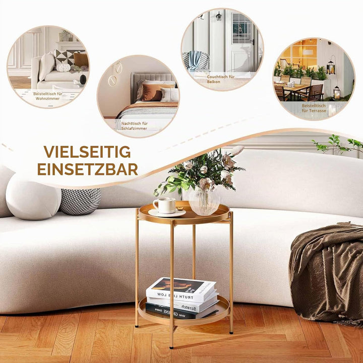HollyHOME Runder Beistelltisch, 2 Ebenen Goldener Beistelltisch Metalltablett, Snacktisch, Couchtisc