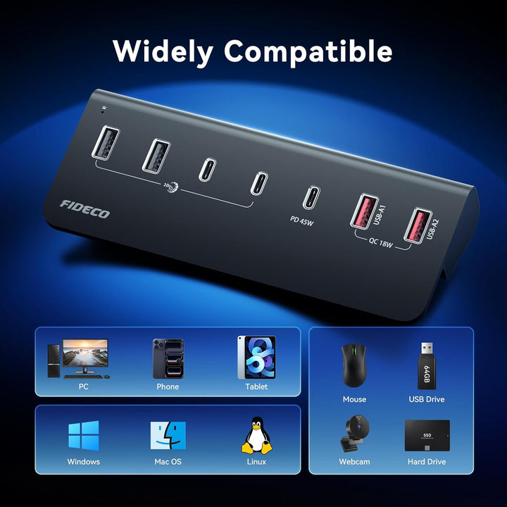 FIDECO 7-Ports 72W USB Hub mit Netzteil, USB Hub Aktiv mit 1 PD 45W, 2 QC 3.0 Charging Port und 4 US