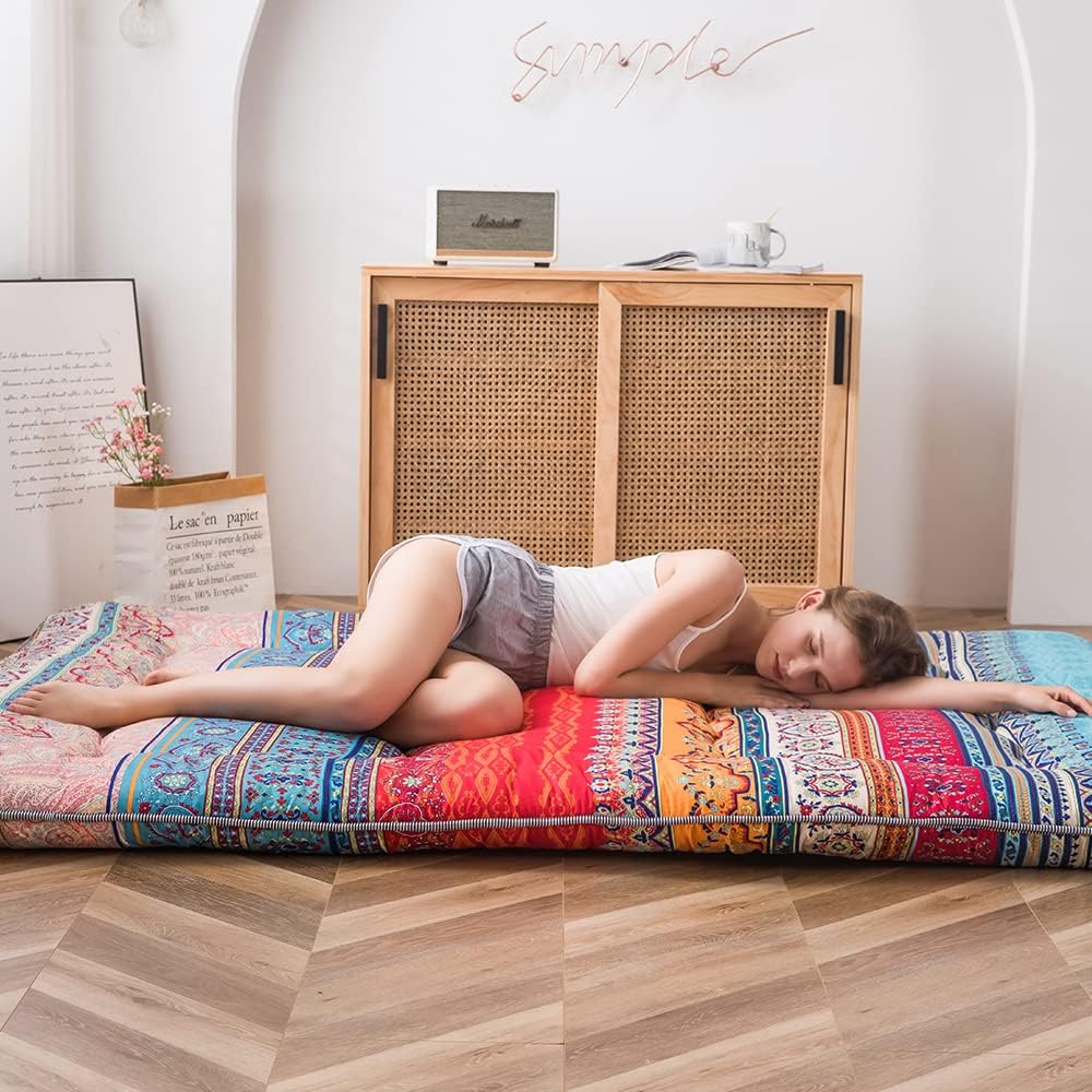 MAXYOYO Böhmische Retro Futon Matratze - Vintage Blumenmuster japanische Bodenmatratze - rollbar ver