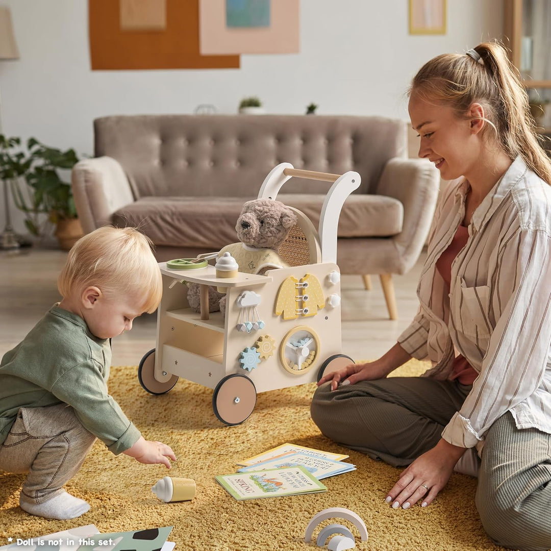 ROBOTIME Holz-Babywalker als Kinderwagen-Spielzeug, mit Geschwindigkeitskontrolle und Unter-Sitz-Auf