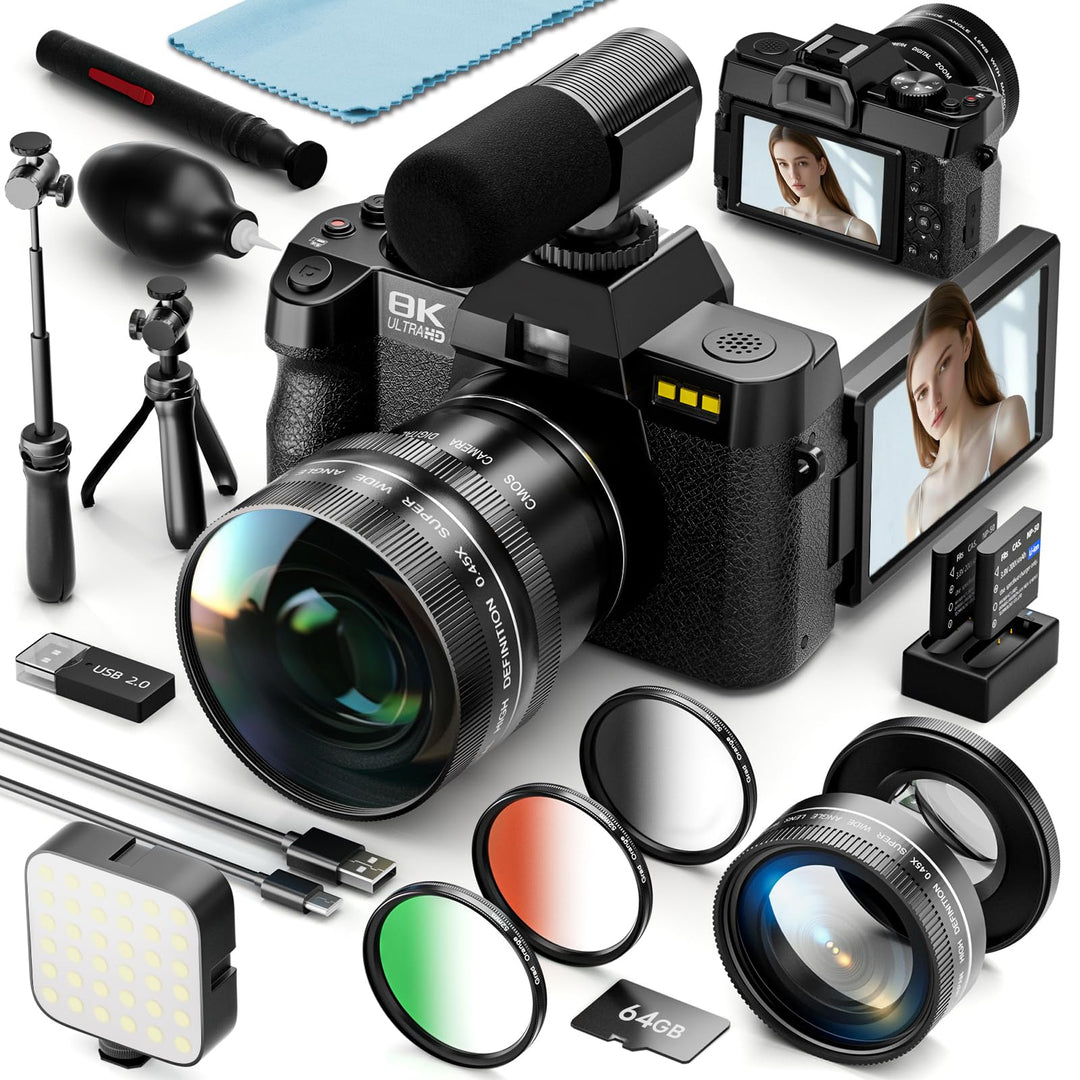 64MP 8K Digitalkamera mit drehbarem Display, 16X Digitalzoom, Autofokus, Anti-Shake, Kompaktkamera f