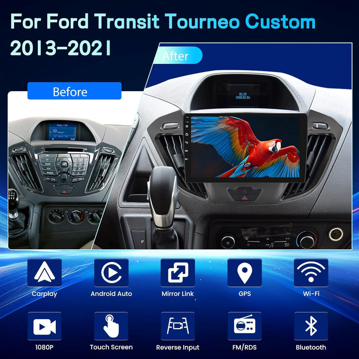 Upgrade Autoradio für Ford Transit Tourneo Custom 2013–2021, 9 Zoll Android Radio 2+64G, Wireless Ca