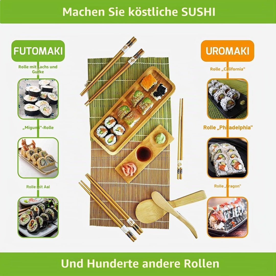 Sushi Maker Kit 11-teilig - Bambus Sushi Set Rollmatte und Servierset für Anfänger - 2 Matten, 5 Paa